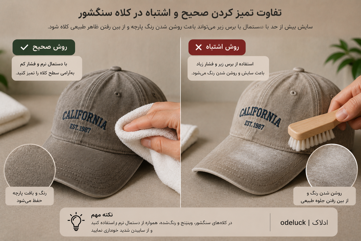 مقایسه روش صحیح تمیز کردن کلاه سنگ‌شور با دستمال نرم و روش اشتباه با برس زبر