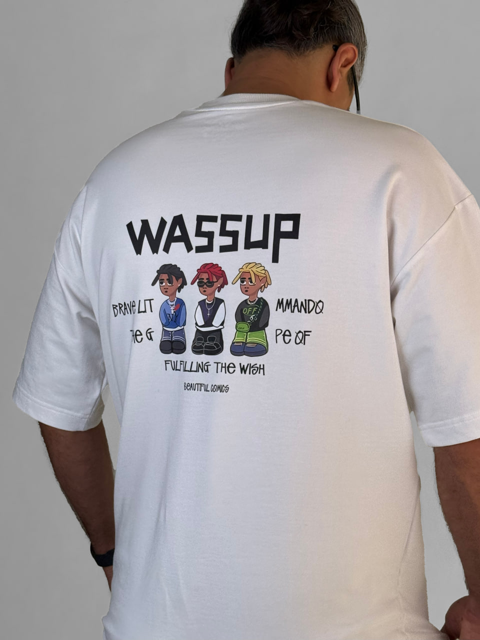 تیشرت باکسی مردانه با پارچه ماکان و طرح چاپ WASSUP