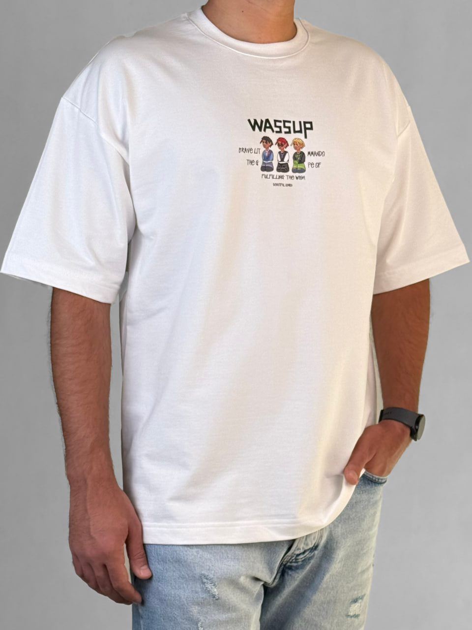 تیشرت باکسی مردانه با پارچه ماکان و طرح چاپ WASSUP