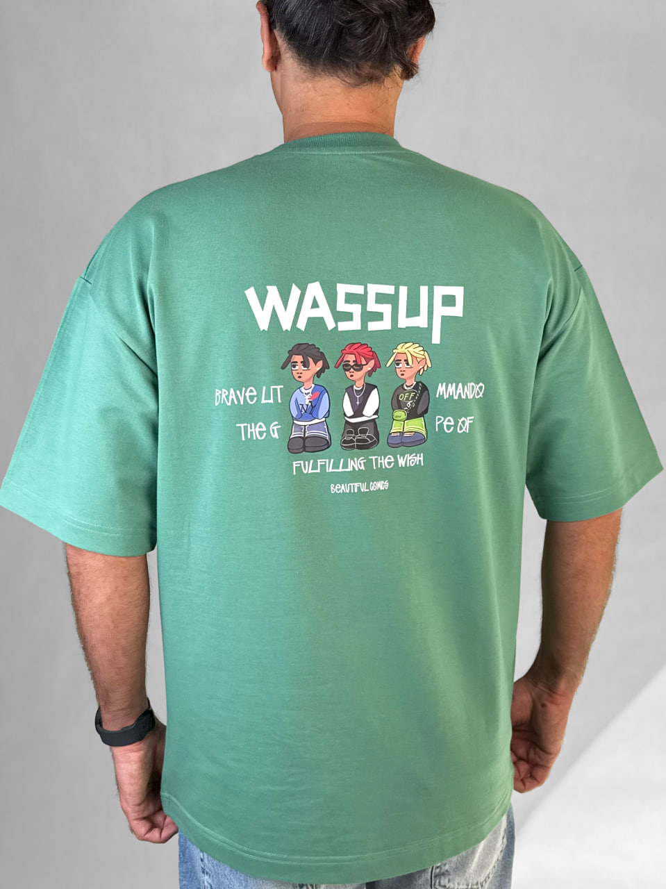 تیشرت باکسی مردانه با پارچه ماکان و طرح چاپ WASSUP