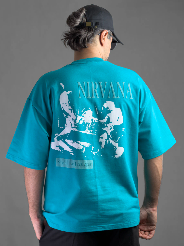تیشرت باکسی با چاپ پفکی NIRVANA ماکان پنبه رنگ فیروزه ای
