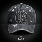 VINTAGE WASHED BASEBAL DENIM CAP, STRAP BACK, STRUCTURED, LA | FRONT VIEW