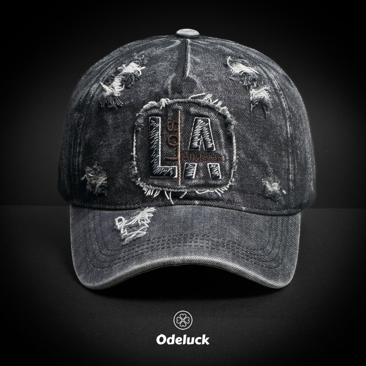 VINTAGE WASHED BASEBAL DENIM CAP, STRAP BACK, STRUCTURED, LA | FRONT VIEW