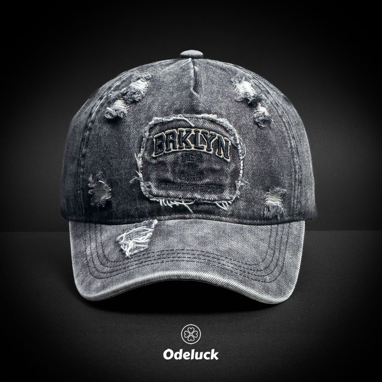 VINTAGE WASHED BASEBAL DENIM CAP, STRAP BACK, STRUCTURED, BRKLYN | FRONT VIEW