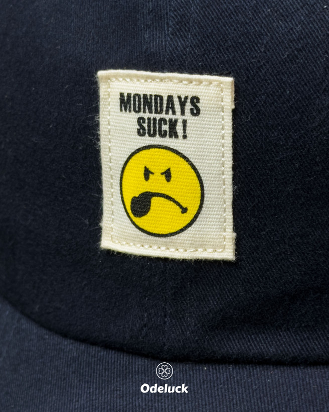کلاه کپ بیسبالی کتان سرمهای برند smileyworld بدون استراکچر جزئیات پچ مستطیلی mondays suck جلوی کلاه