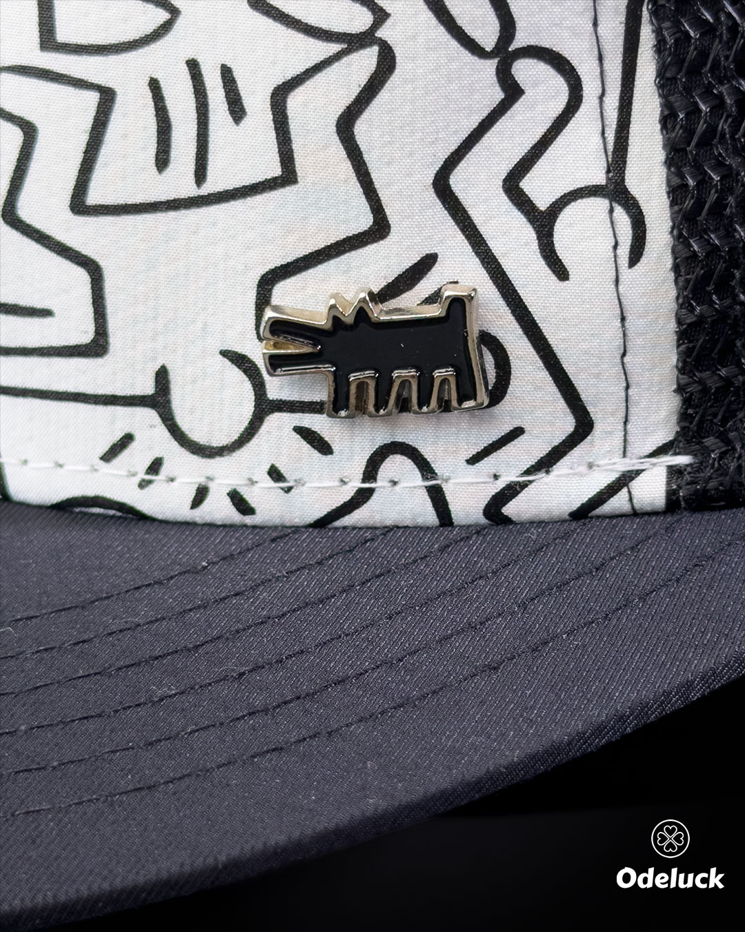 کلوزآپ پلاک فلزی سگ Keith Haring و چاپ گرافیکی پاپ آرت روی کلاه