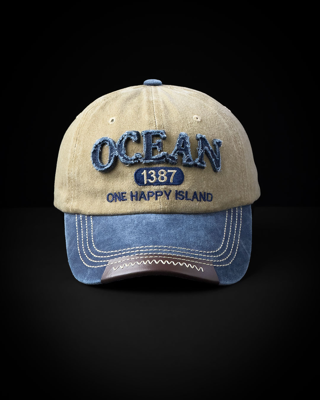 کلاه بیسبالی کتان سنگشور OCEAN رنگ کرم با نقاب آبی جین کد 232