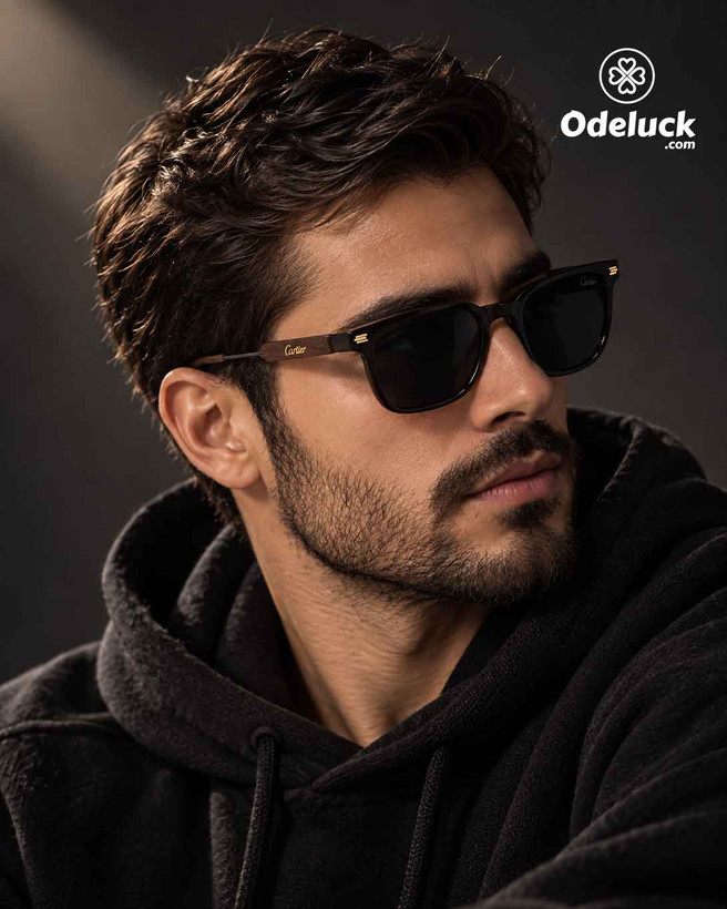 استایل تنخور مدل مردانه با عینک آفتابی کارتیه CARTIER فریم مشکی کد 468