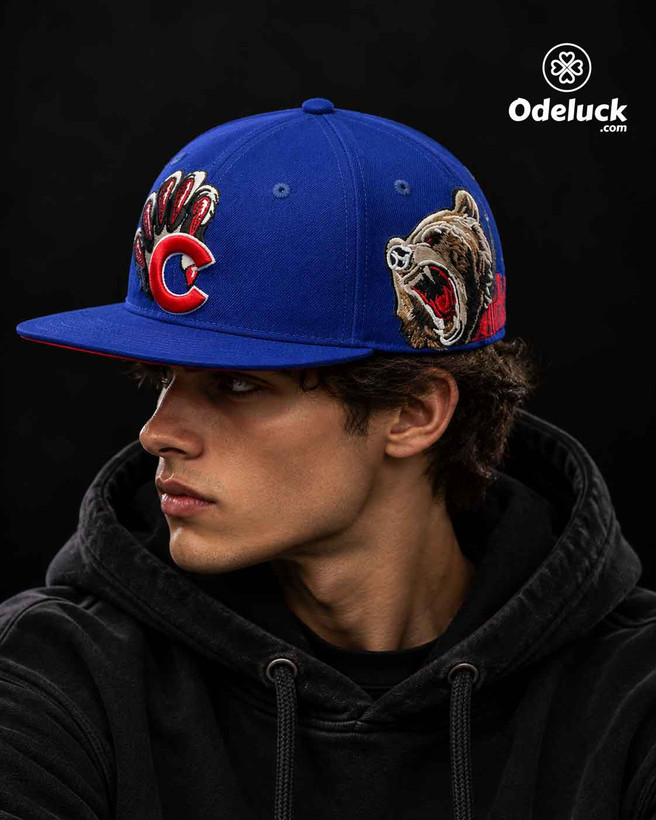 کلاه روی سر مدل مرد با هودی مشکی و نمای سه رخ کلاه بک فیت نیو ارا CHICAGO CUBS CHI-RAQ سایز ۵۷.۷ | کد 404