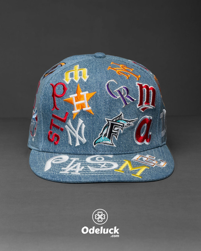 نمای روبهرو کلاه نیو ارا 9FIFTY جین آبی با گلدوزی لوگوهای MLB کد 494