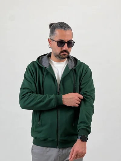 سویشرت دورس سه‌نخ داخل کرکی تمام زیپ‌ کلاهدار